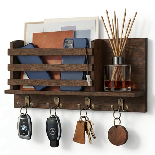 Miletix Organiseur mural intelligent 3 en 1 Porteclés et organiseur de courrier avec étagère décorative 4 crochets doubles en métal Bois de paulownia Style