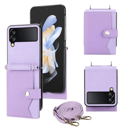 Étui Samsung Z Flip 4 5G housse portefeuille violette avec sangle bandoulière pour femme