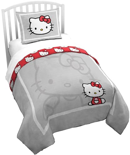 Jay Franco Duvet Cover Set – 2 Piece Comforter Cover and Sham Set, Super Soft Cozy Bedding (Insert Not Included) Grey - Hello Kitty, Twin