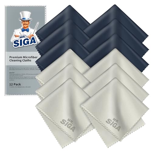 MR.SIGA Chiffons de Nettoyage, Lot de 12, en Microfibre Surchoix pour Lentilles, Lunettes, Ecrans, Tablettes, Glasse, 6 x 7 Pouces (15 x 18 cm), Marine/Gris