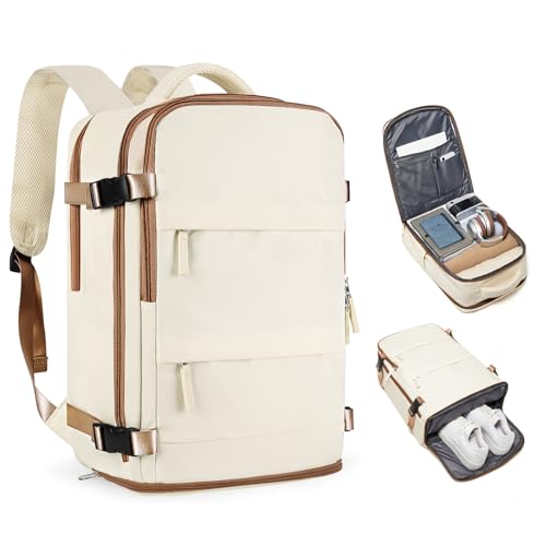 coofay Large Travel Backpack Carry on Flight Approved Mochila De Viaje Personal Item Travel Bag Backpacks for Men Women Carry on Backpack for Airplanes 18x14x8 Inches Travel Bag Beige with Brown by coofay - Used condition - US$36.99