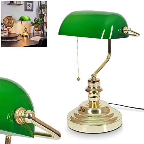 Lampada da tavolo Havsta, lampada da tavolo in metallo e vetro in ottone/verde, lampada dal design vintage con paralume in vetro e cavo con interruttore, 1 x E27, senza lampadina/e