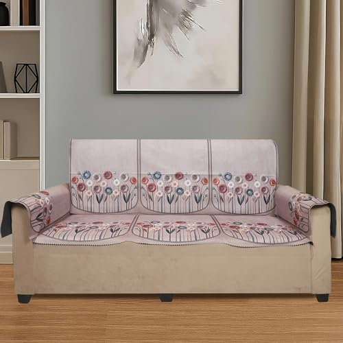 Image of Velvet 3 Seater Sofa Cover with 6 Seat and Back Covers, 2 Hand Rest Covers - Floral Daisy Print - Washable Fabric - Stylish Sofa Cover for Modern Living Room (Brown, 3 Seater With Arm Covers)