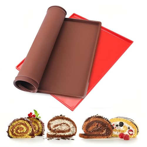 Silikon Backmatte mit Rand,Bpa-Freiswiss Roll Backblech Rollmatte,Antihaftbeschichtet Silikon Backmatte mit Rand,für Kochen,Backen,Teig,Rollen,Rot+Kaffee,2 Stück,30.5x25.8cm