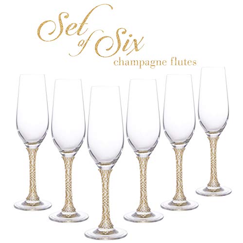 Berkware Champagne Glasses Set Of 6 - Luxurious Crystal Champagne Flutes With Elegant Rhinestone Embellished Stem - Gold Champagne Glasses For Toasting (6) #TOP1