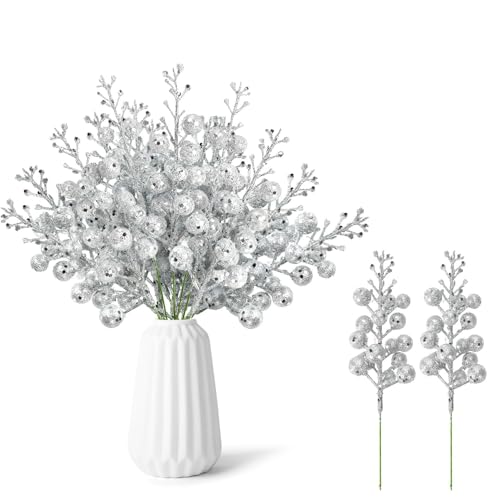16 Pcs Silver Berry Stems for Christmas Tree,7.8 Inch Artificial...
