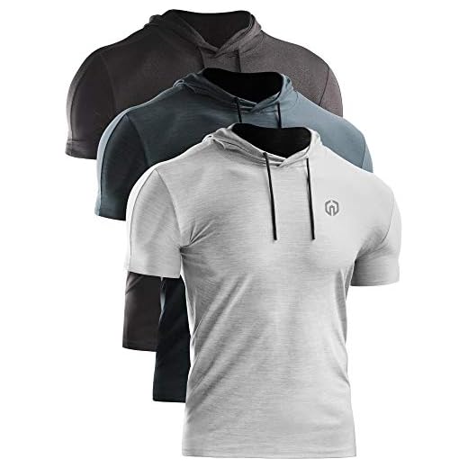 NELEUS Men's 3 Pack Dry Fit Running Shirt Workout Athletic Shirt with Hoods,Grey Black,Slate Gray,Light Grey,US M,EU L
