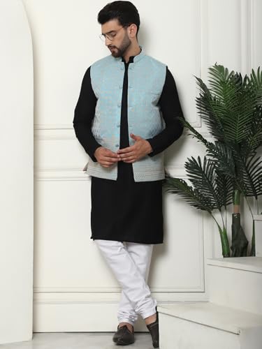 Image of SOJANYA (Since 1958 Men's Cotton Linen Maroon Kurta and White Pyjama with Mustard Cotton Nehru Jacket