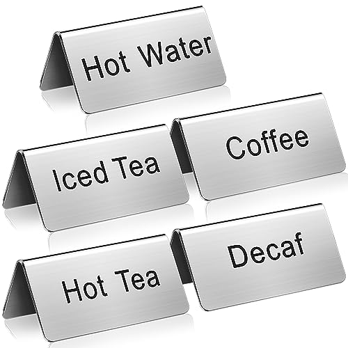 Hicarer 5 Pcs Stainless Steel Table Tent Sign Coffee Signs Tea Beverage Table Display for Party Buffet Restaurant Banquet Wedding Indoor Outdoor, 2.99 x 1.5''