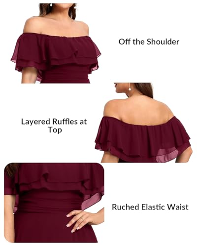 Image of Pinup Fashion Plus Size Formal Bridesmaid Wedding Guest Chiffon Long Dress | Chiffon, off-the-shoulder neckline, layered ruffles, ruched elastic waist, floor-length, evening party, wedding guest