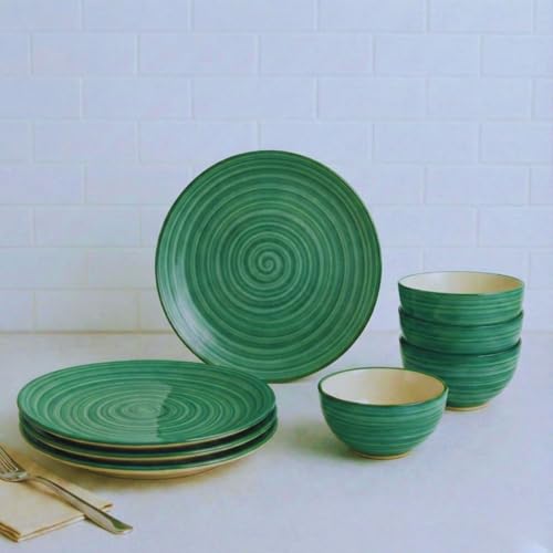 Image of Freakway Hand-Painted 'Sea Swirls' Dinner Set Ceramic Stoneware Dinner Set of 8 Pieces | 4 Ceramic Dinner Plate and 4 Bowl /katori | Bone Ash Free | Microwave and Dishwasher Safe - Green