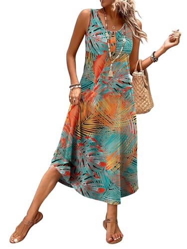 WIHOLL Summer Dresses for Women 2026 Sleeveless Flowy Hawaiian Dresses Beach Vacation Clothes for Women Sundresses Spring Casual Dress Floral Cruise Maxi Midi Sun Dress Tropical 2XL
