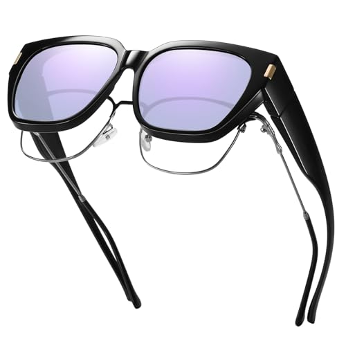 HAOLOTA Polarized Fit Over Glasses Sunglasses for Women Men Trendy Square Wrap Around Shades UV Protection L Size 17 Black/Purple