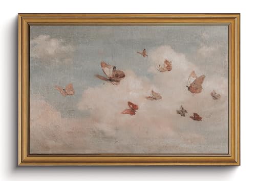 AYHSSMO Pink Butterfly Cloud Wall Art Vintage Gold Framed Canvas Wall Decor
