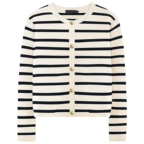 Women's Casual Sweaters Round Neck Gold Cardigan Striped Knitted Outerwear Long Sleeve Top with