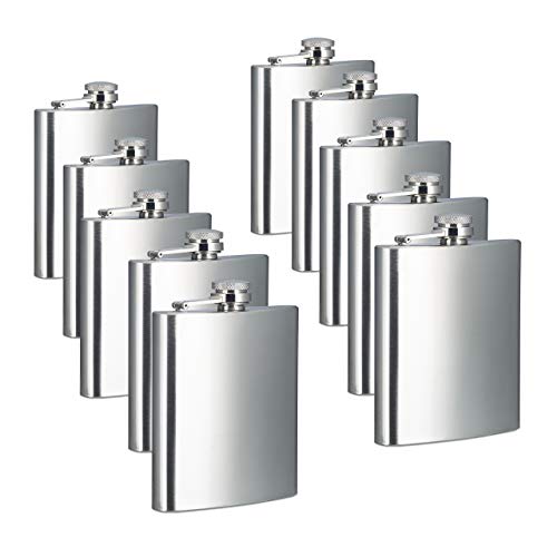 10x Flachmann, 200 ml Füllmenge, 7 oz Volumen, Taschenflachmann, Schraubverschluss, Edelstahl, Silber, HBT 12 x 9 x 2 cm