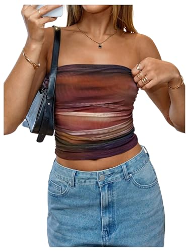 OYOANGLE Women's Tie Dye Ruched Strapless Tube Top Party Sleeveless Going Out Bandeau Crop Tops