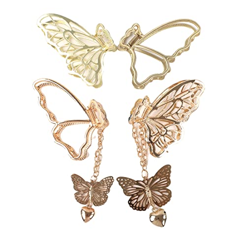 Gold Butterfly Hair Clips,Metal Cute Girls Kids Hair Accessories Claw Clips for Hair 90s Girls Women with Box Package,4 Pcs, Gold,Random, big, 1 Count