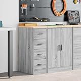 Mangloder - Armadio industriale grigio Sonoma in legno di pino massiccio con 4 cassetti, armadio da officina con ante chiudibili e ripiano stabile, per garage, officina, magazzino e ufficio