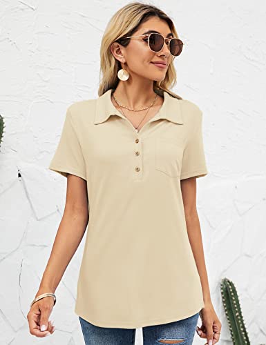Tfsdod Womens Fashion Summer Collared Polo Tops Short Sleeve T-Shirts Relaxed Fit Work Tunic Blouse With Pocket Apricot M #TOP3