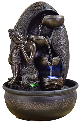 Fontaine d’Intérieur Mur d’Eau Cascade Jarre Statue Bouddha Amovible Lumière LED Coloré, Grand Décoration de Table Bureau Salon, Fontaine Porte-Bonheur au Circuit fermé, H 40cm – Krishna Zen’Light