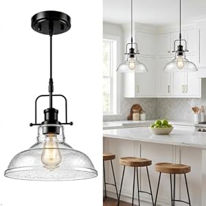 WILON Seeded Glass Pendant Lights Kitchen Island Lighting, Black Modern Farmhouse Pendant Light Fixture with E26 Base, Vintage Hanging Ceiling Lamp for Kitchen Sink Hallway Dining Room Entry Hall