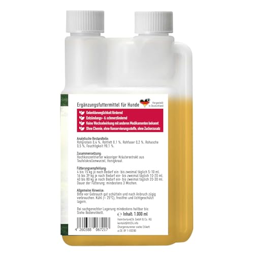 TJURE Teufelskralle Liquid für Hunde | 1000 ml | Ergänzungsfuttermittel mit Teufelskralle | Zur Unterstützung der normalen Beweglichkeit | Pflanzliche Rezeptur | Made in Germany | Ohne Zusatzstoffe