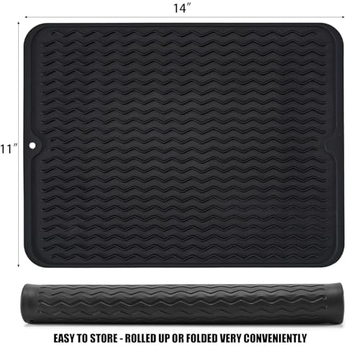 Image of Large 14 inch x 11 inch Silicone Dish Drying Mat for Kitchen Counter, Easy clean, Quick Dry, Heat-resistant Dish Drainer Mat for Sink,Refrigerator or Drawer liner (Food Grade Silicone-Black)