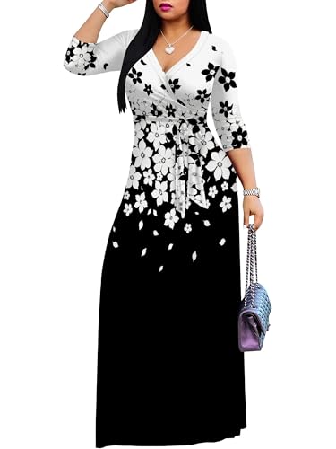 Image of Plus Size Dresses for Women Floral Print Maxi Dress Flowy 3 /4 Sleeve with Belt