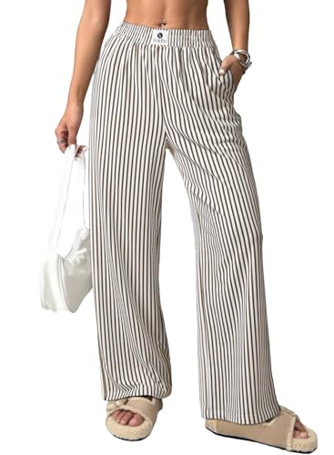 EVALESS Women's Striped Pants Spring Summer 2026 Comfy Pajama Pants High Waist Wide Leg Lounge Pants Patched Y2K Casual Trousers Lightweight PJ Bottoms with Pockets Brown Stripe Large