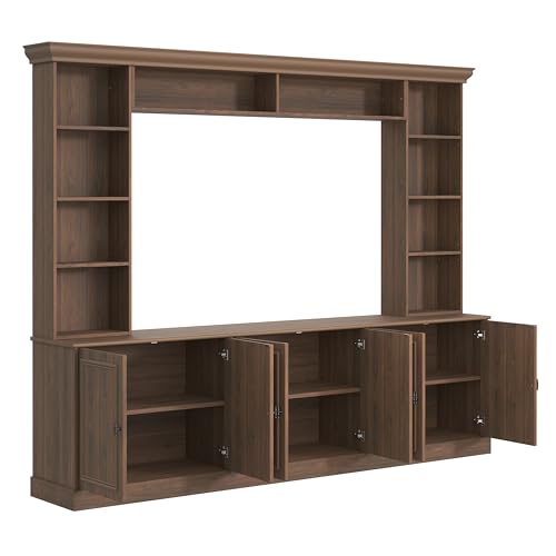 Image of JIJIWANG 97.4 inch Wall Unit Entertainment Center with Adjustable Shelves and Bookshelves, Extra Large TV Stand with Doors and Cabinet, Modern All-in-One TV Stand with Bridge for TVs Up to 70 inch Walnut