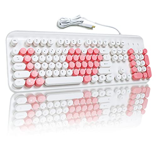 Gaming Keyboard, Retro Steampunk Vintage Keyboard Typewriter Style wired keyboard with Round Keycaps and Cute Pink&White appearance, 104 Keys Mute USB number keyboard for PC, Laptop, Computer (White)