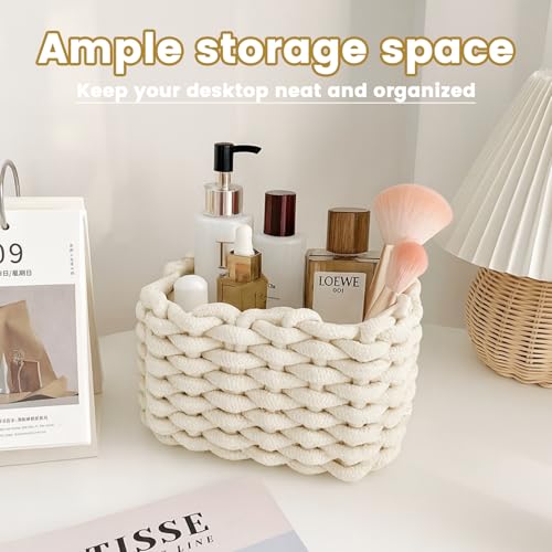 2 Stück Aufbewahrungskorb Geflochten Baumwolle Strickkorb, Quadratische Körbchen Geflochten Klein Wickeltisch Organizer, Korb Weiß für Schränke, Bad, Küche, Kinderzimmer-20 x 15 x 12 cm