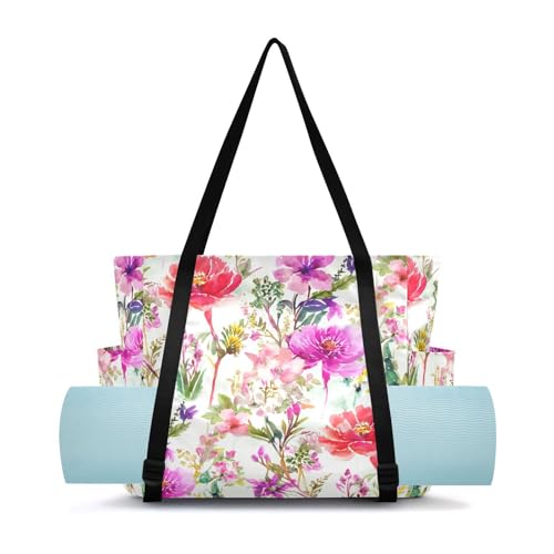 Lxqimora Watercolor Flowers White Yoga Mat Bag for Women Water-Resistant Gym Bag with Yoga Mat Holder Tote Bag for Office Gym Travel Yoga