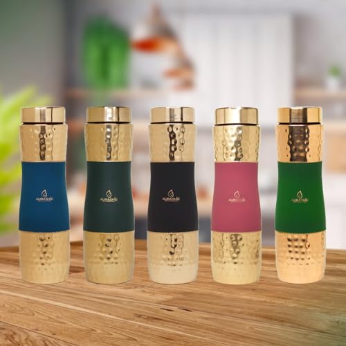 Image of Pure Copper Water Bottle 1 Litre | BPA Free & Leak Proof | Copper-Infused Water | Durable & Rust Proof | Ayurveda Health Benefits - Hammered Finish (Blue Grip Sleeve)