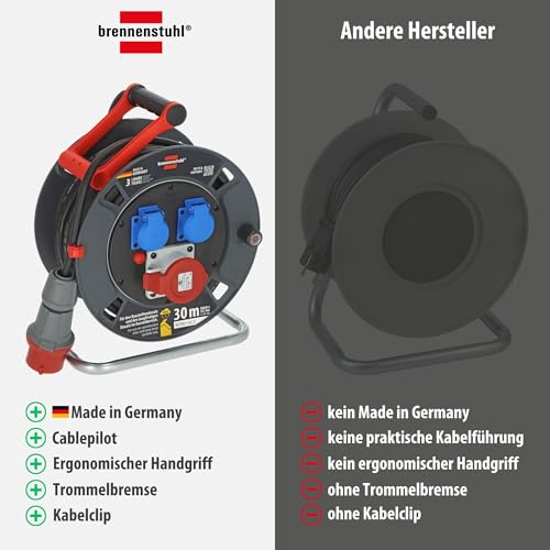 Brennenstuhl Garant CEE 1 V2 IP44 Kabeltrommel (CEE-Kabeltrommel mit 30m Kabel in schwarz, ständiger Einsatz im Außenbereich IP44, Made in Germany)