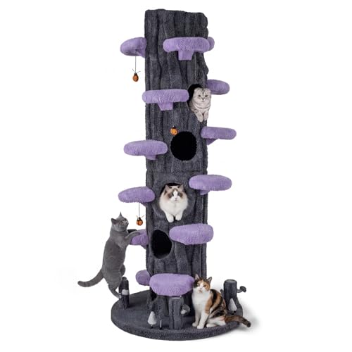 Image of PETSITE 90.5-inch Tall Cat Tree, Tree-Like Modern Cat Tower with Sisal Scratching Pad, Five Cat Condos, Cute Hanging and Spring Toys, Large Cat Tree Tower for Indoor Cats (Purple)