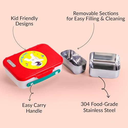 Image of rabitat Munchbee Pro Personalized Stainless Steel Kids Lunch Box 850ml- Food-Grade Steel Bento Tiffin | 2-Year Brand Warranty | Spill-Proof Flick-Lock | 3 Compartments, BPA-Free, School-Safe |Shyguy