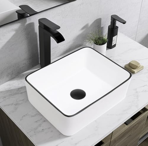 La Mejor Recopilación de Lavabos con borde del mes. 46 VCCUCINE - Fregadero rectangular de 16 x 12 pulgadas, lavabo pequeño para baño con borde negro, lavabo de cerámica blanca sobre encimera