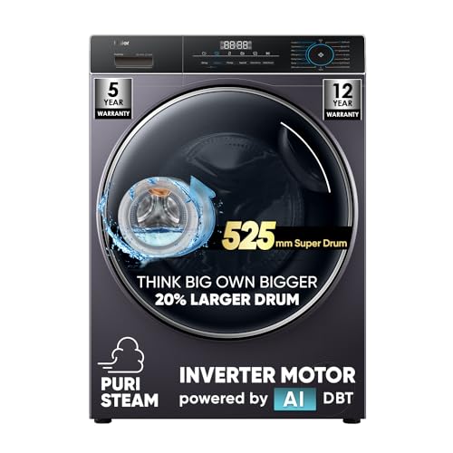 Image of Haier 8 Kg 5 Star Inverter Motor AI DBT Technology Fully-Automatic Front Load Washing Machine with In-Built Heater (HW80-IM12929CS6, Super Drum 525, PuriSteam, Starry Silver)