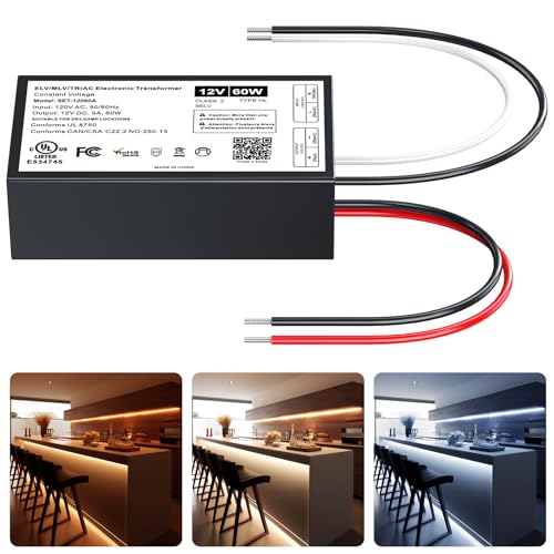 Image of 60W Dimmable LED Driver 12V,Triac ELV /MLV LED Transformer Compatible with Lutron&Leviton Switches,Dimmable Power Supply for Indoor /Outdoor Lights,UL&FCC-Listed