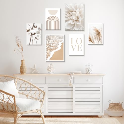 Miniatura 5 de 6 Pcs Beige Love Flores Juncos Marco De Madera Cuadros Decoracion Salon Set, Estética Blanco Floral Plantas Cuadros Pintura Lienzos Decorativos Costa Dormitorio Oficina Murales Decoración De Pared