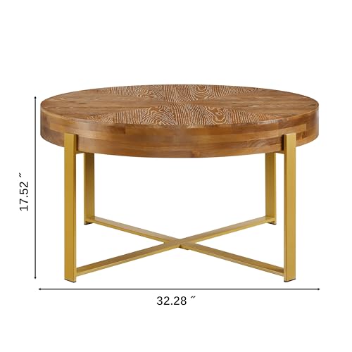 Rustic Farmhouse Round Wood Coffee Table with Metal Legs, Easy Assembly (32" Diameter)