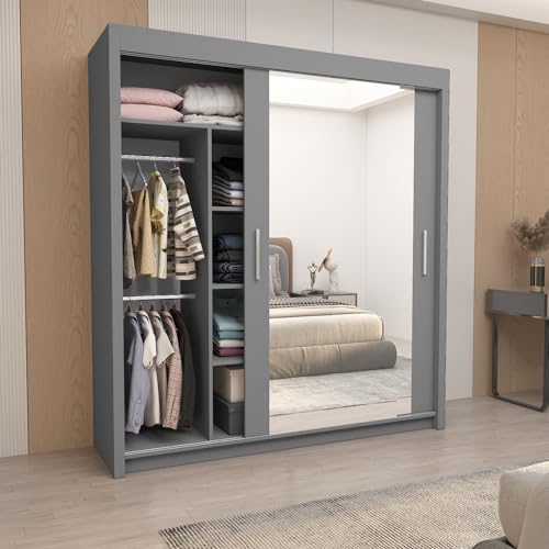 A.C. Milan Modern Double Mirror sliding door wardrobe with LED Light Width 100cm/120cm/150cm/180cm/203cm/250cm (180, Grey)
