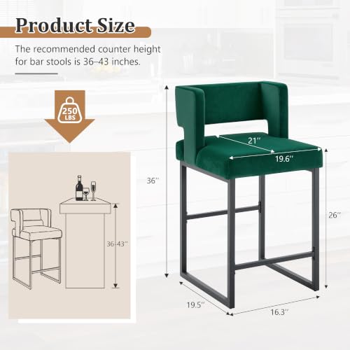 Image of Counter Height Bar Stools Set of 4, 26 inch H Upholstered Counter Stools with Metal Frame Black Legs Square Back Bar Height Stools, Velvet Modern Bar Stools for Kitchen Island, Bar, Counter, Green
