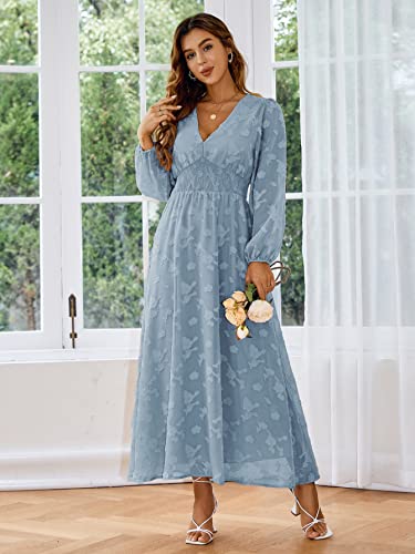Image of Simplee Women's Long Sleeve Maxi Dress Burnout Floral V Neck Formal Dress(L Blue)