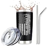 JENVIO New US Citizen Gifts 2023 | 20oz Steel Travel Tumbler for Coffee or Cold Drinks Including 2 Lids 2 Straws and Gift Box and Card | American Flag Citizenship Congratulations Mug