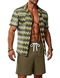 ZSJR Mens 2 Pieces Outfits Summer Beach Set Tracksuit See Through Sheer Hollow Out Short Sleeve Lace Shirts and Shorts Sets