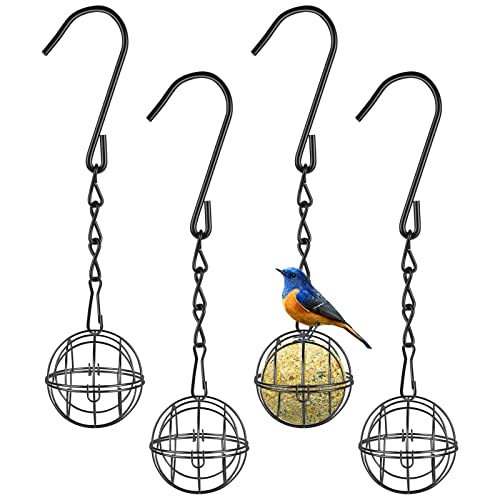 Mangeoires Oiseaux, 4pcs Métal Mangeoire Oiseaux Exterieur avec 4pcs Crochets en Forme de S, Suspendue Sphériques Boule de Graisse Bird Feeder pour de la Maison Le Jardin la Faune (Noir)