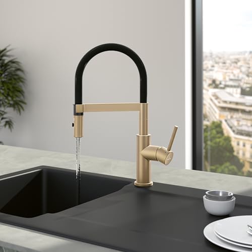 Villeroy & Boch Steel Expert Compact Küchenarmatur, Hochdruck, Wasserhahn Küche mit Umschaltfunktion und schwenkbarem Auslauf, Spültischarmatur wassersparend, Auslauf Höhe 143mm, Gold-Schwarz
